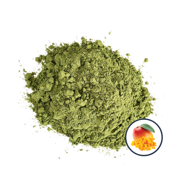 Pile of matcha; mango symbol in circle